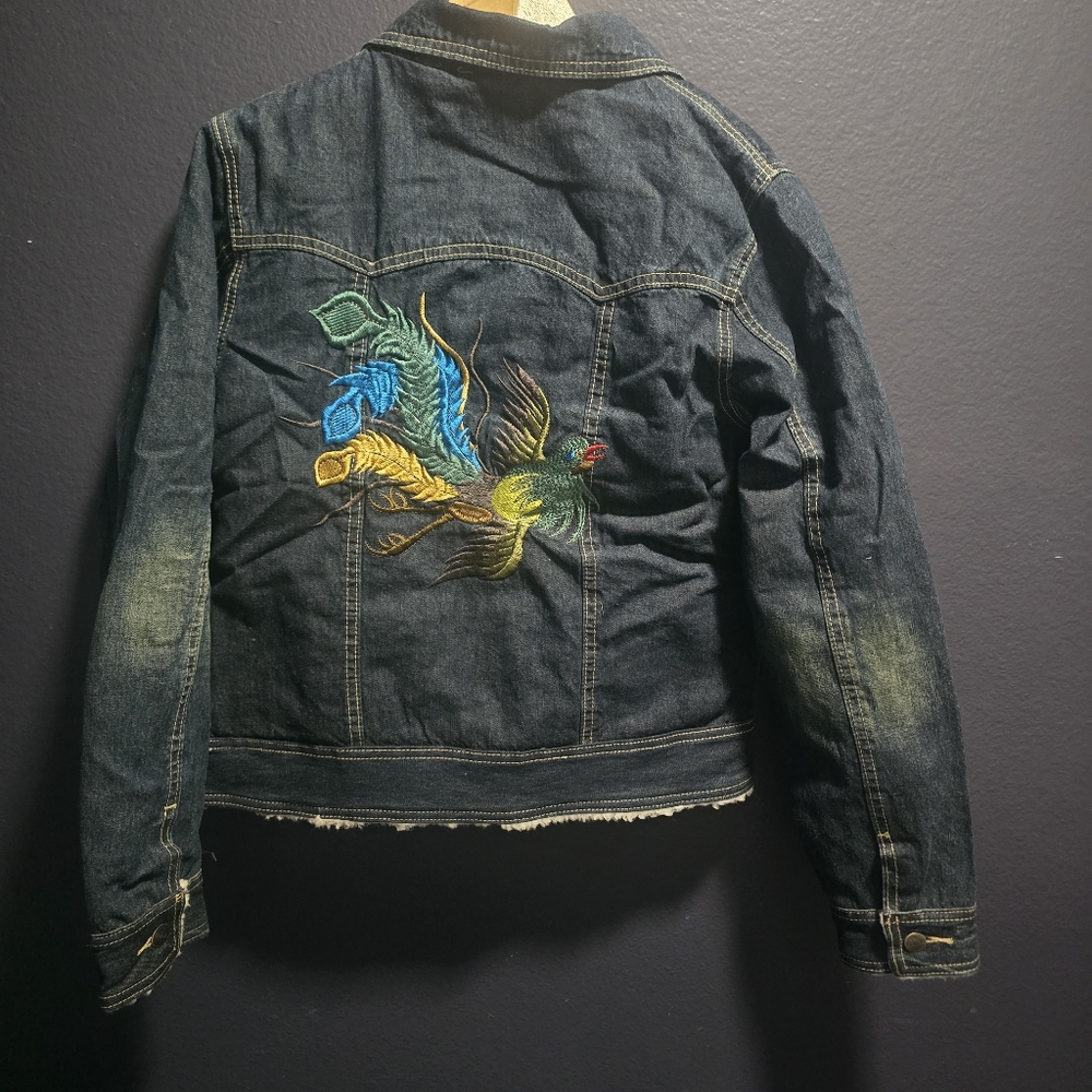 Embroidered Denim Jacket with Colorful Bird Design